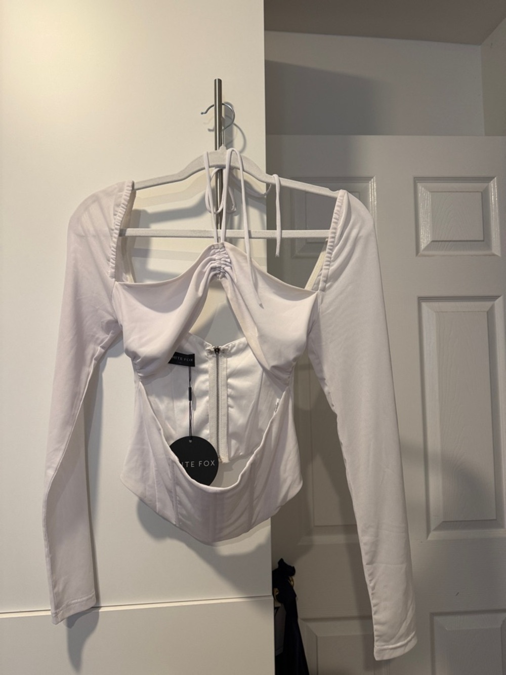 NBD White Long-Sleeve Corset Crop Top with Ruched Front